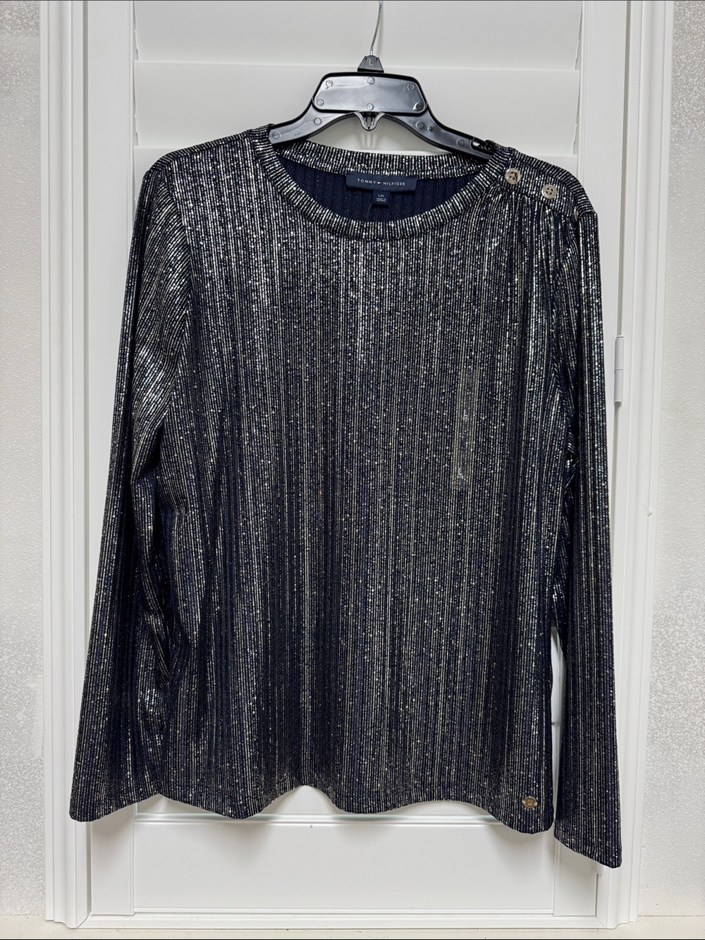 Tommy Hilfiger Navy and Black Metallic Ribbed Long Sleeve Top